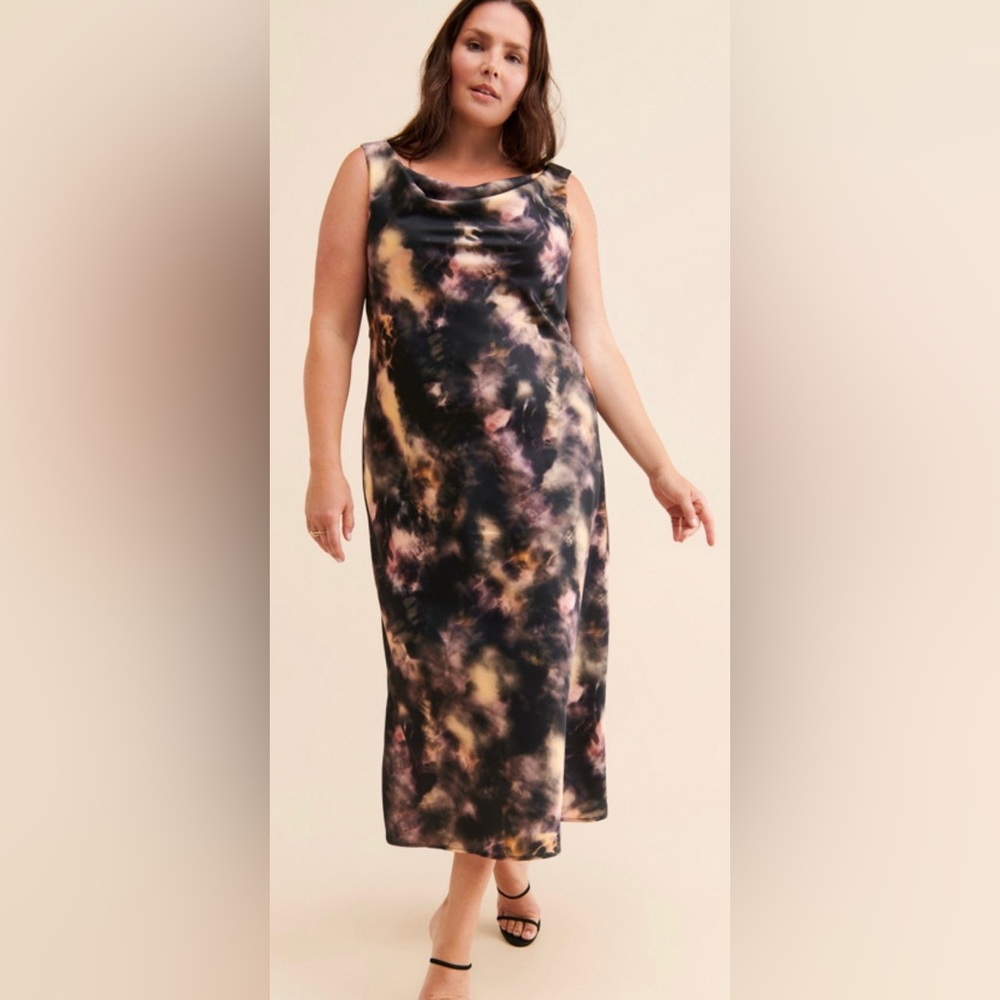 Eloquii Artistic Maxi Dress in Black Orange, and Pink